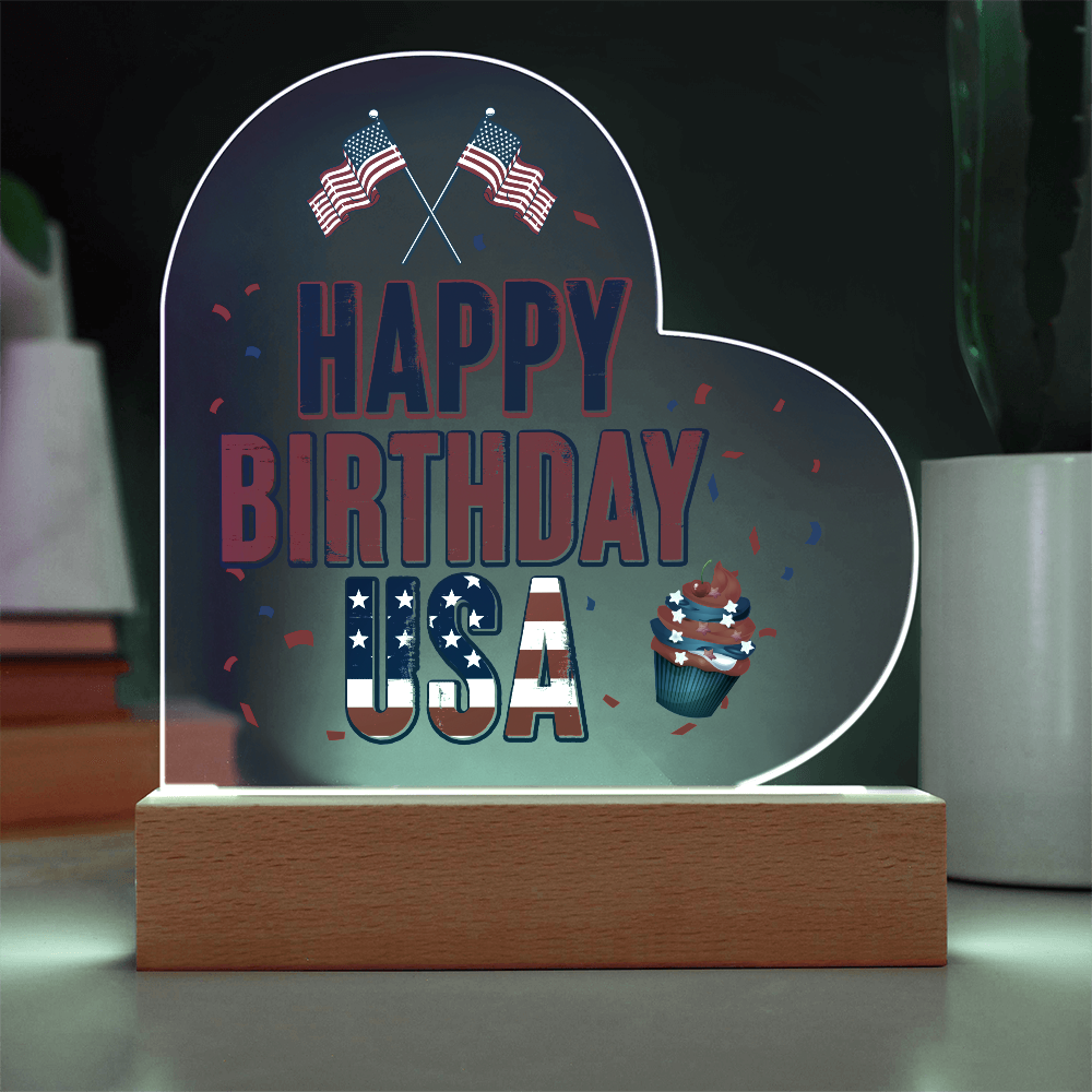 Happy Birthday USA Acrylic Heart Plaque - Patriotic Home Decor Gift