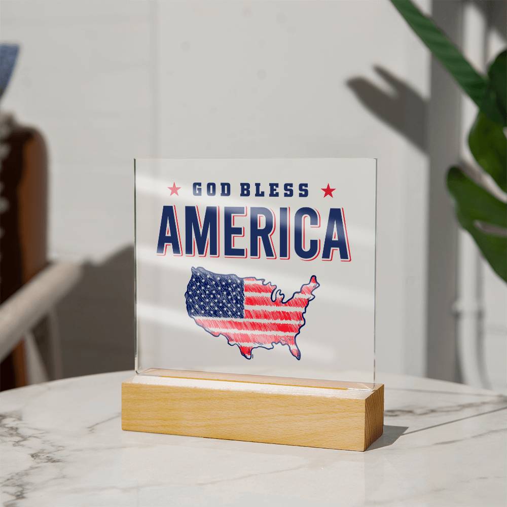 God Bless America Acrylic Square Plaque - Patriotic Home Decor Gift