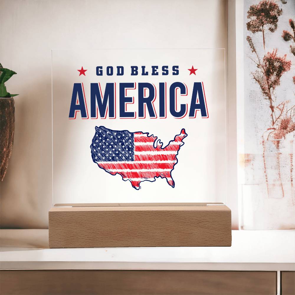 God Bless America Acrylic Square Plaque - Patriotic Home Decor Gift