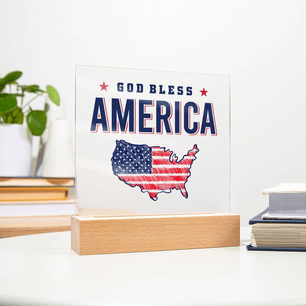 God Bless America Acrylic Square Plaque - Patriotic Home Decor Gift