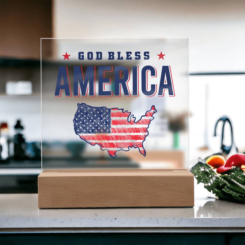 God Bless America Acrylic Square Plaque - Patriotic Home Decor Gift