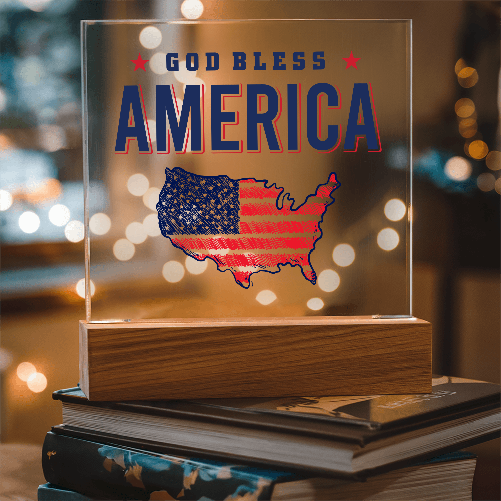 God Bless America Acrylic Square Plaque - Patriotic Home Decor Gift