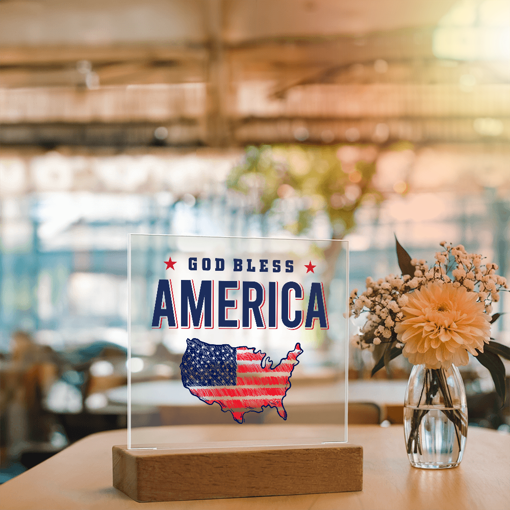 God Bless America Acrylic Square Plaque - Patriotic Home Decor Gift