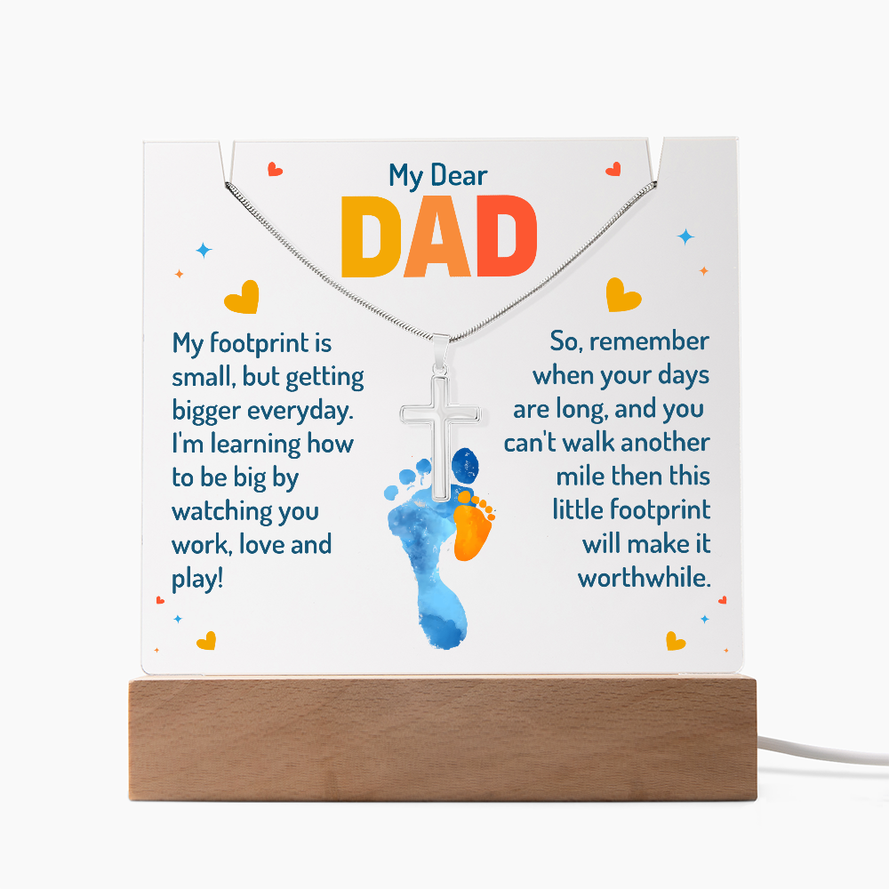 My Dear Dad Footprint Keepsake Acrylic Plaque & Cross Necklace Bundle