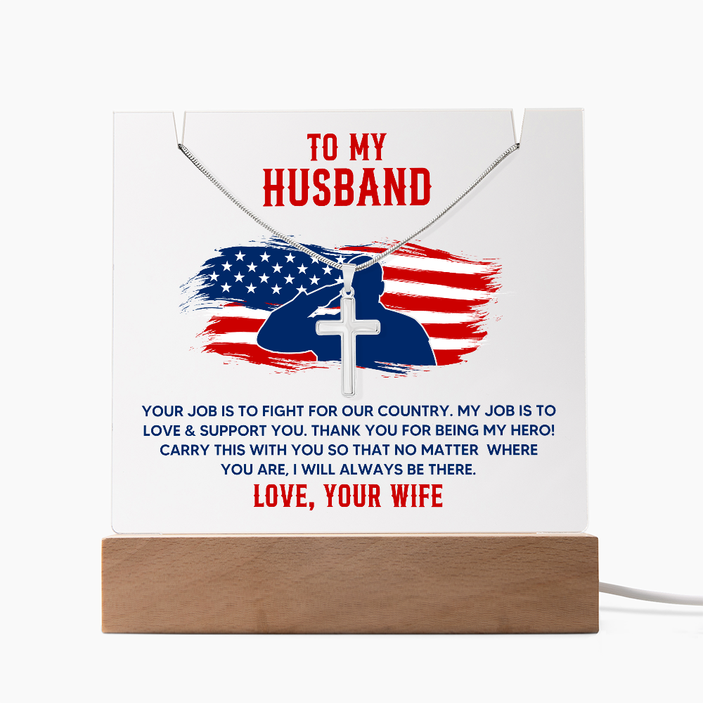 To My Husband Military Keepsake Acrylic Plaque & Cross Necklace Bundle