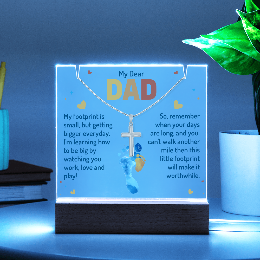 My Dear Dad Footprint Keepsake Acrylic Plaque & Cross Necklace Bundle