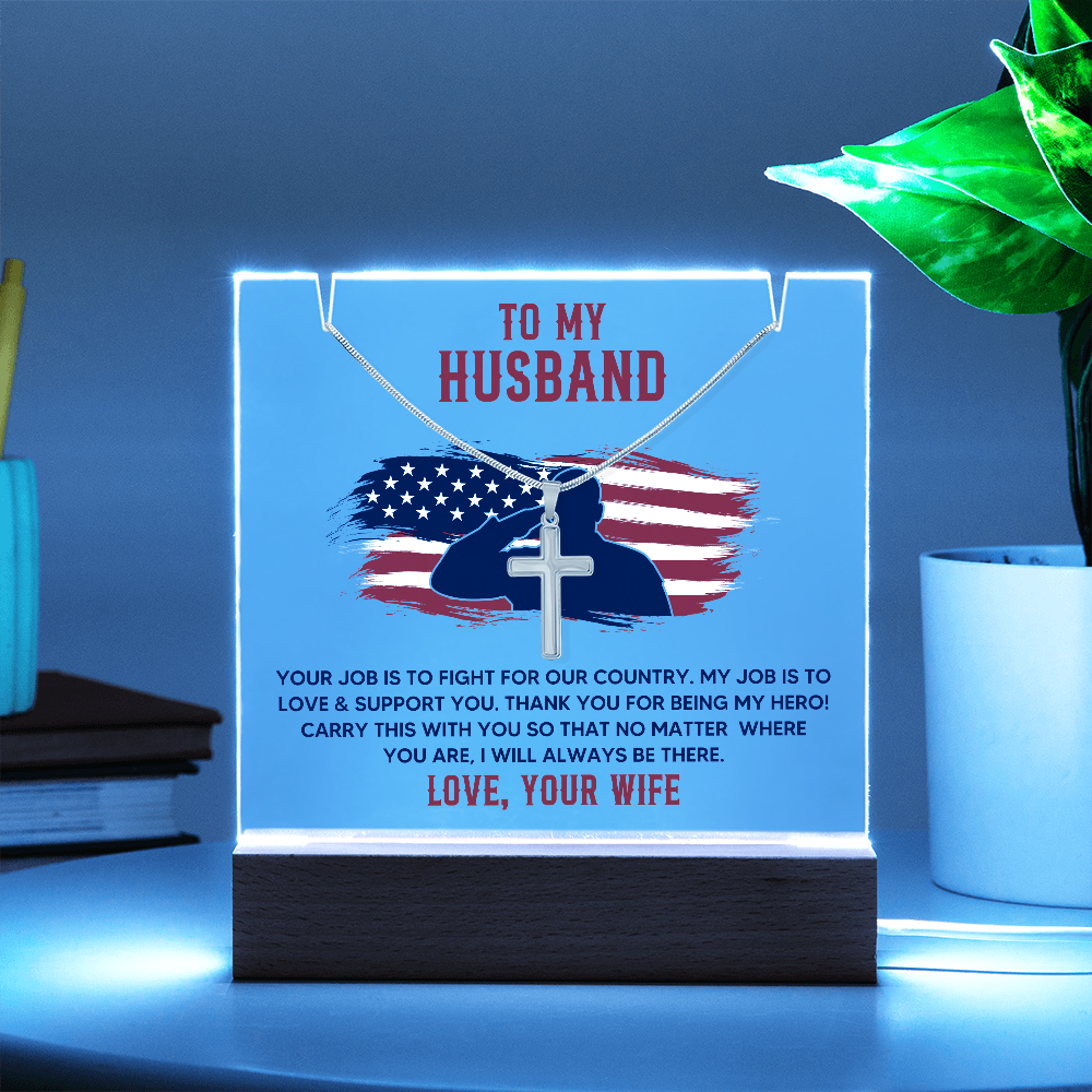 To My Husband Military Keepsake Acrylic Plaque & Cross Necklace Bundle