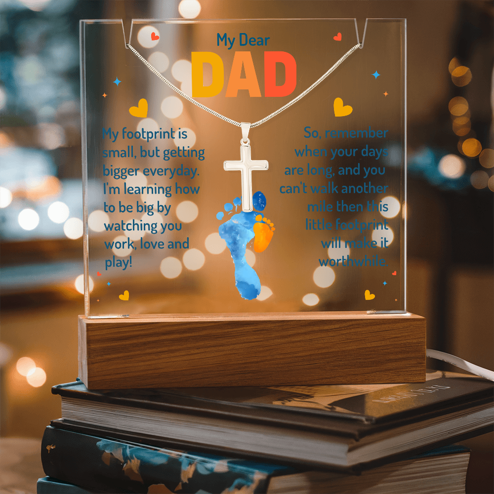 My Dear Dad Footprint Keepsake Acrylic Plaque & Cross Necklace Bundle