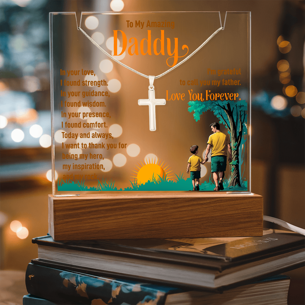 To My Amazing Daddy Keepsake Acrylic Plaque & Cross Necklace Bundle