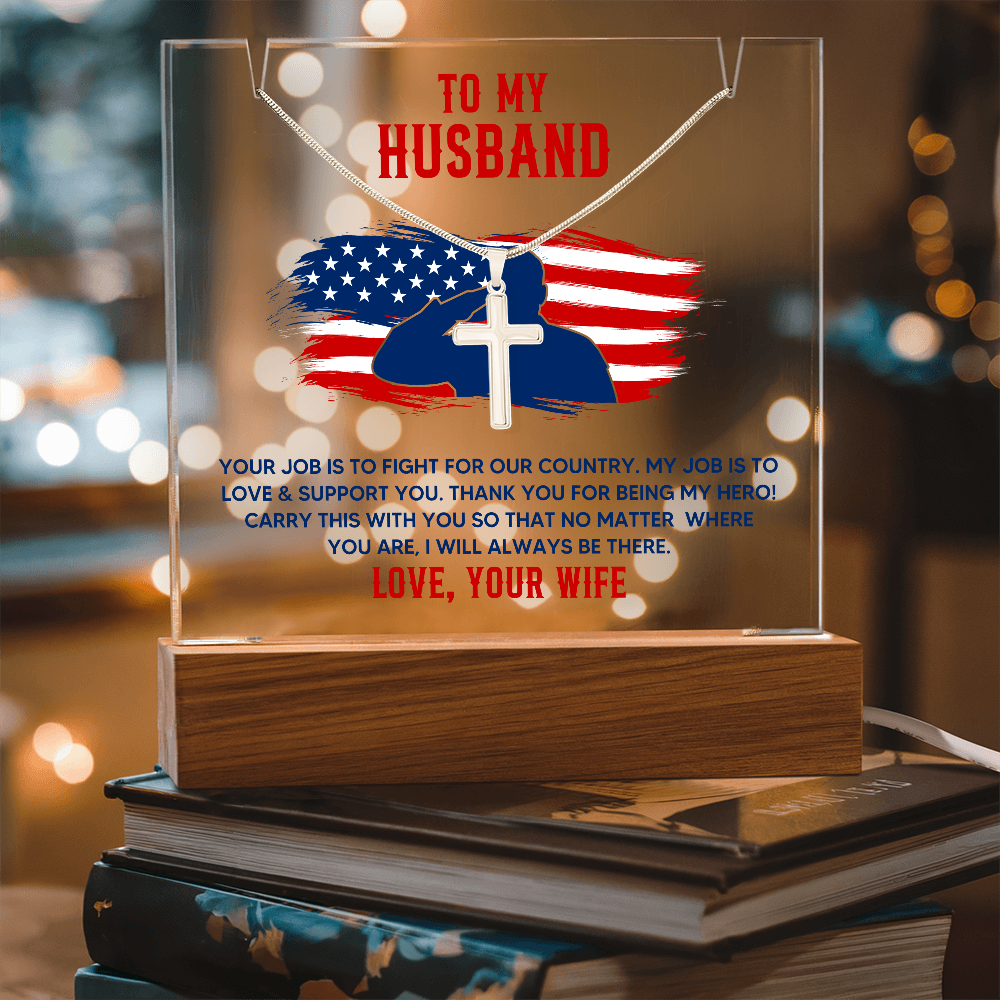 To My Husband Military Keepsake Acrylic Plaque & Cross Necklace Bundle