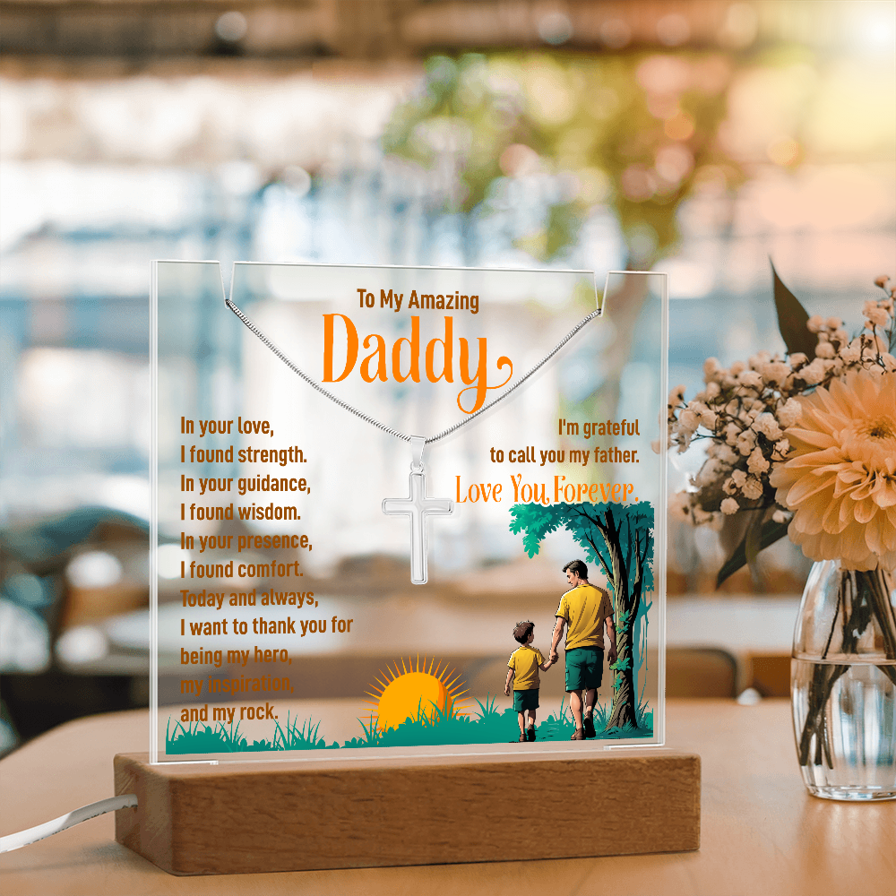 To My Amazing Daddy Keepsake Acrylic Plaque & Cross Necklace Bundle