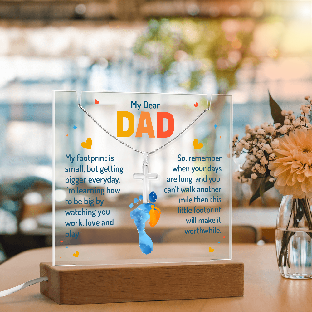 My Dear Dad Footprint Keepsake Acrylic Plaque & Cross Necklace Bundle