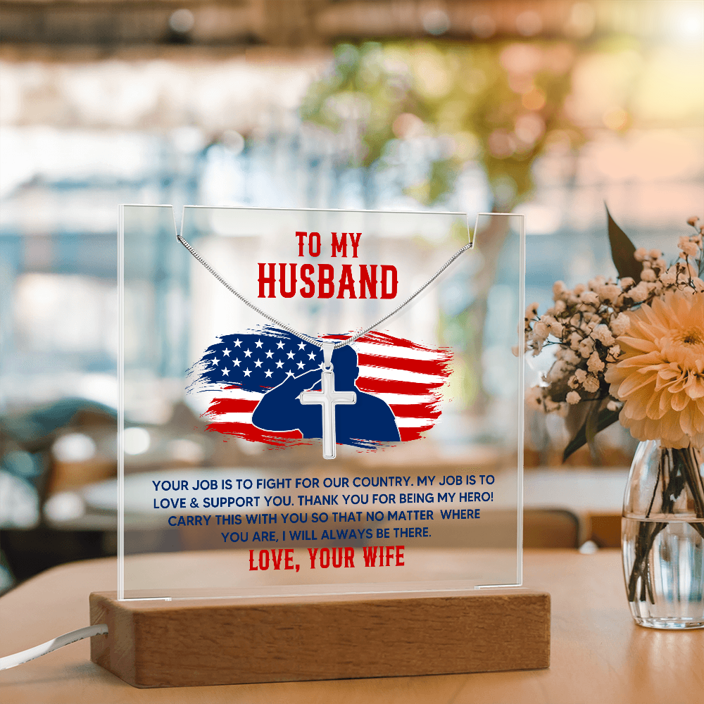 To My Husband Military Keepsake Acrylic Plaque & Cross Necklace Bundle