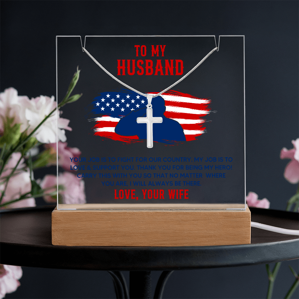 To My Husband Military Keepsake Acrylic Plaque & Cross Necklace Bundle