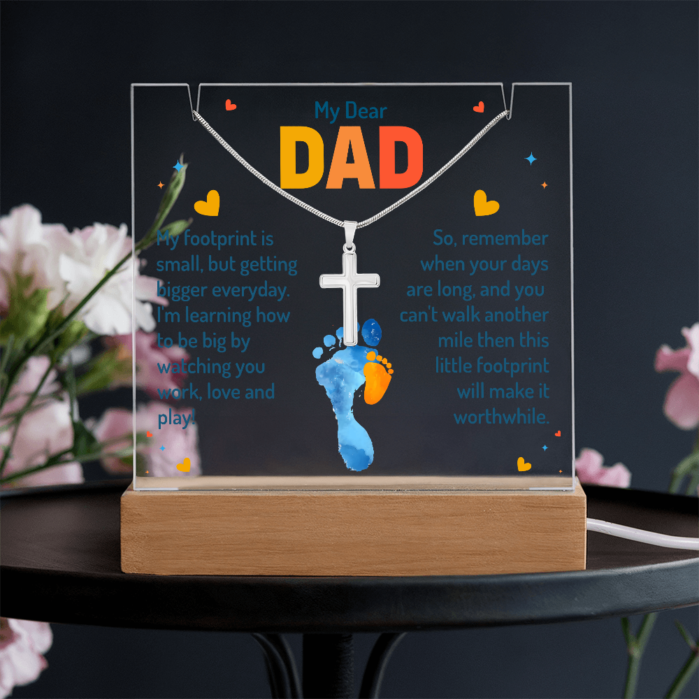 My Dear Dad Footprint Keepsake Acrylic Plaque & Cross Necklace Bundle