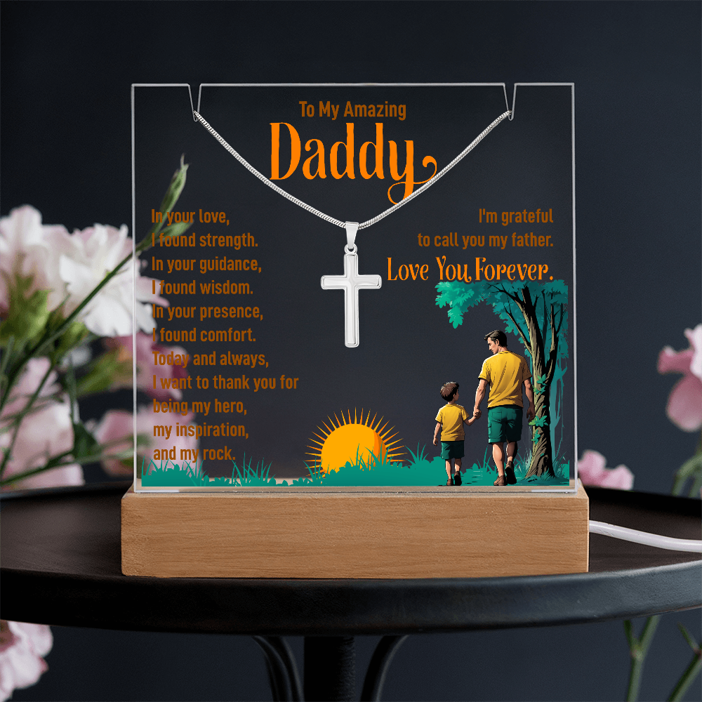 To My Amazing Daddy Keepsake Acrylic Plaque & Cross Necklace Bundle