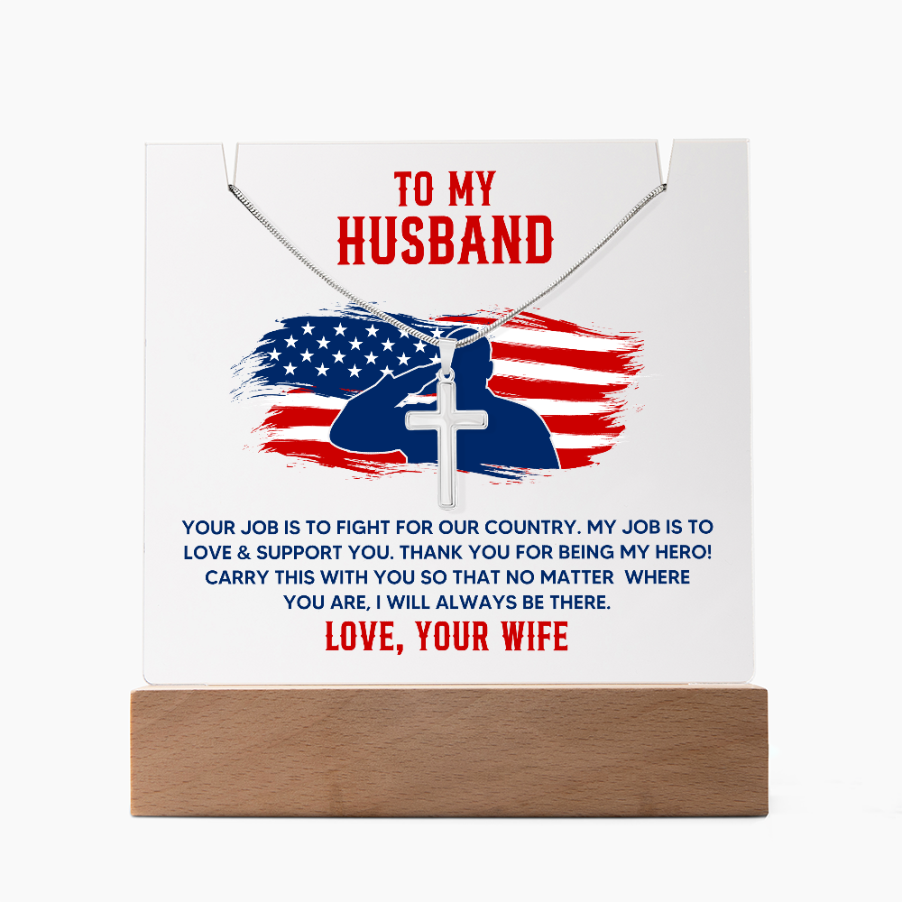 To My Husband Military Keepsake Acrylic Plaque & Cross Necklace Bundle