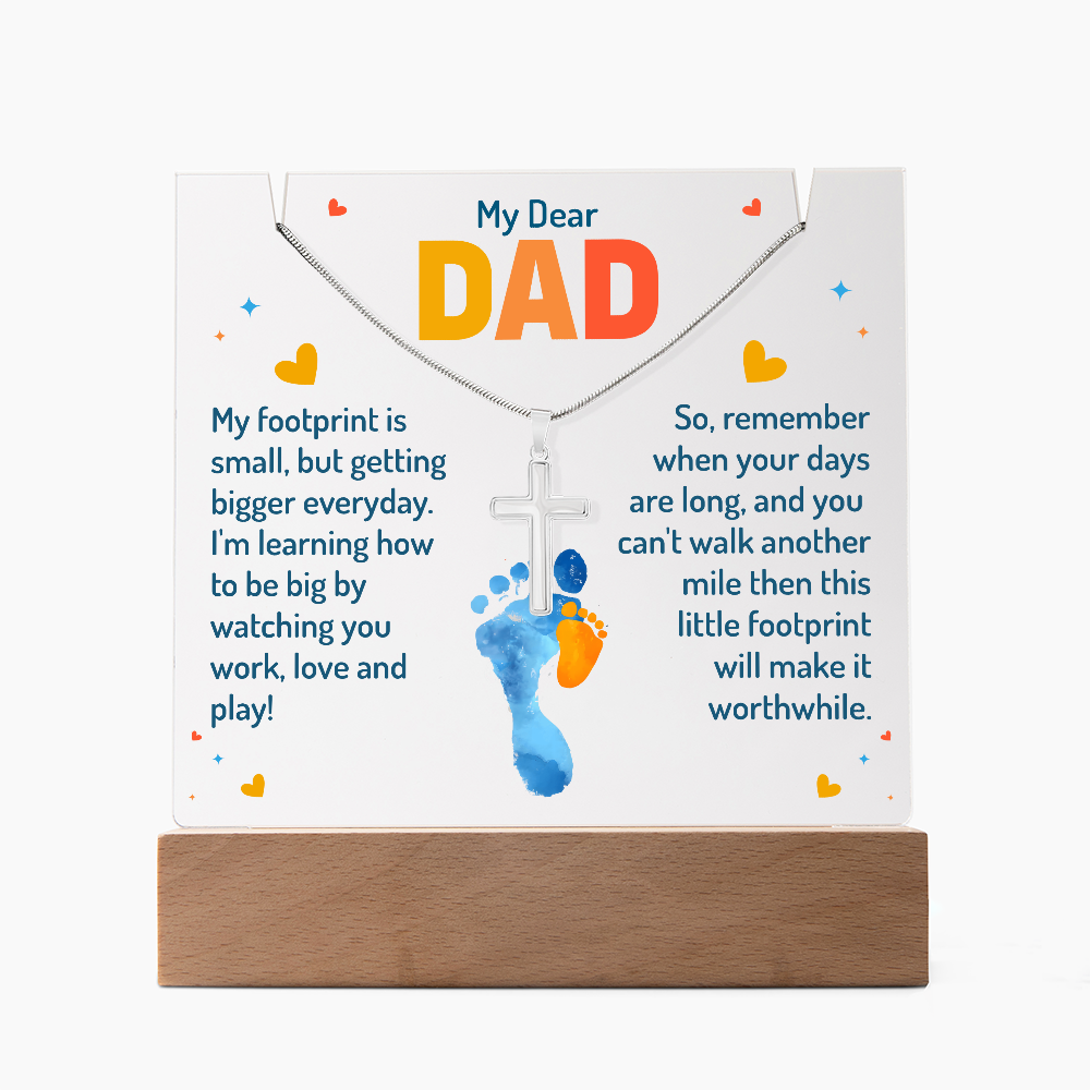 My Dear Dad Footprint Keepsake Acrylic Plaque & Cross Necklace Bundle