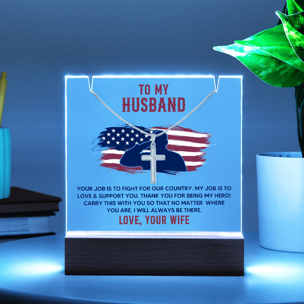 To My Husband Military Keepsake Acrylic Plaque & Cross Necklace Bundle