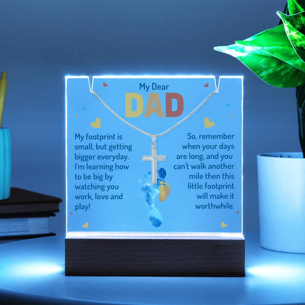 My Dear Dad Footprint Keepsake Acrylic Plaque & Cross Necklace Bundle