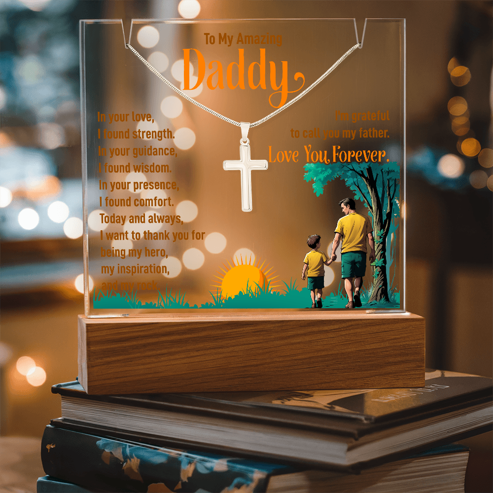 To My Amazing Daddy Keepsake Acrylic Plaque & Cross Necklace Bundle