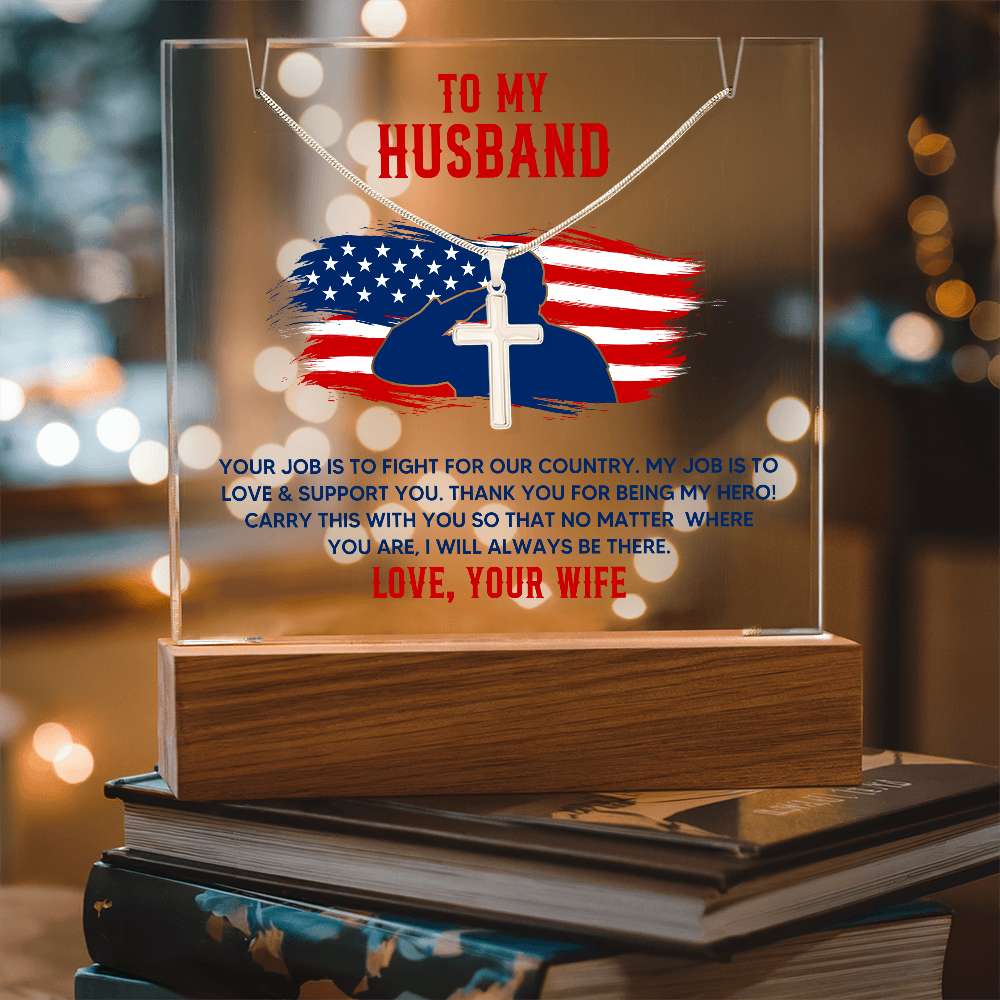 To My Husband Military Keepsake Acrylic Plaque & Cross Necklace Bundle