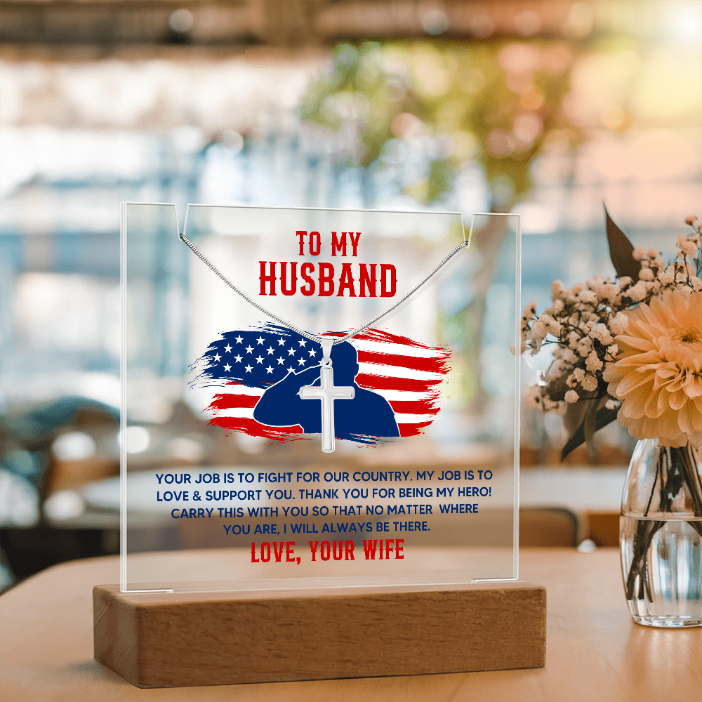To My Husband Military Keepsake Acrylic Plaque & Cross Necklace Bundle