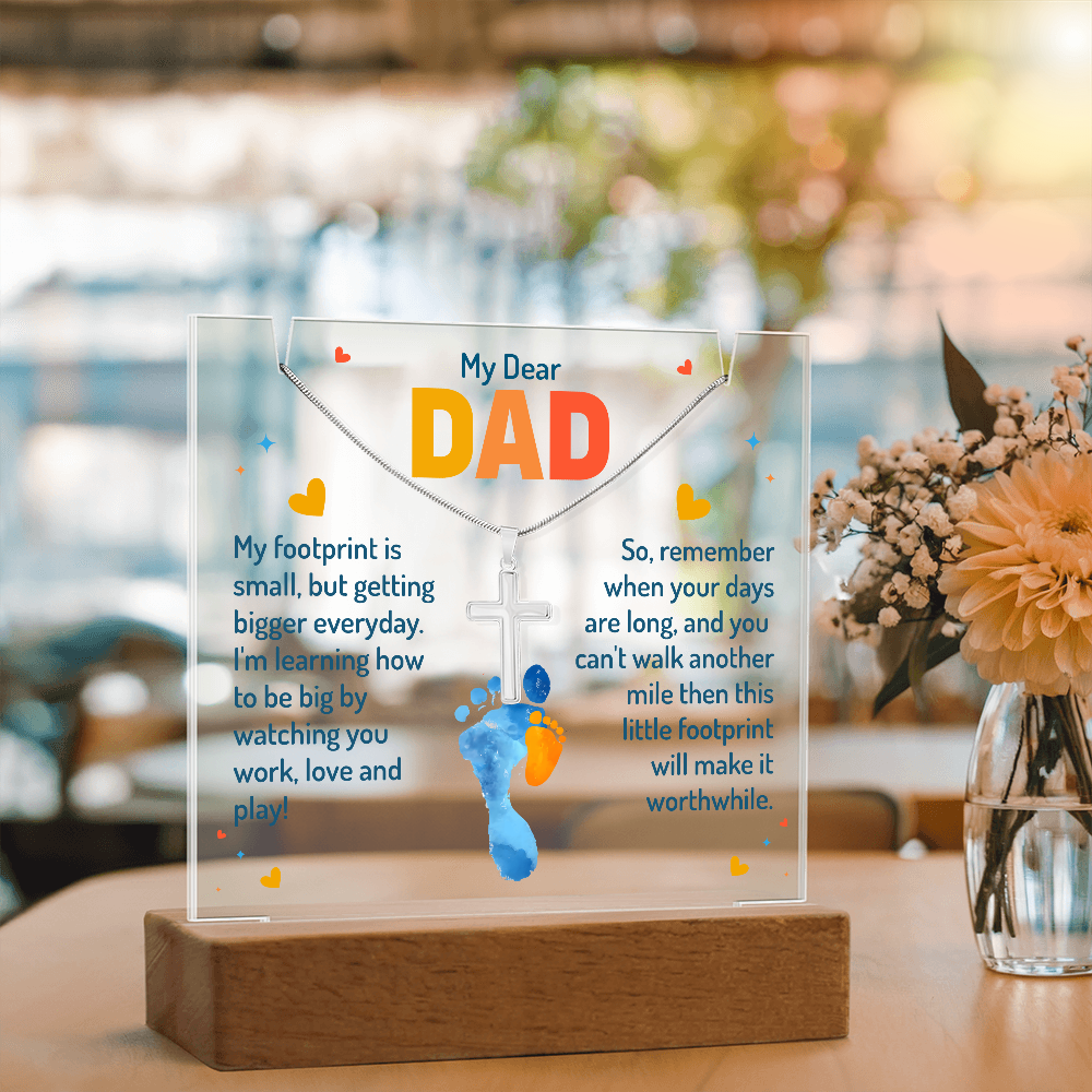 My Dear Dad Footprint Keepsake Acrylic Plaque & Cross Necklace Bundle