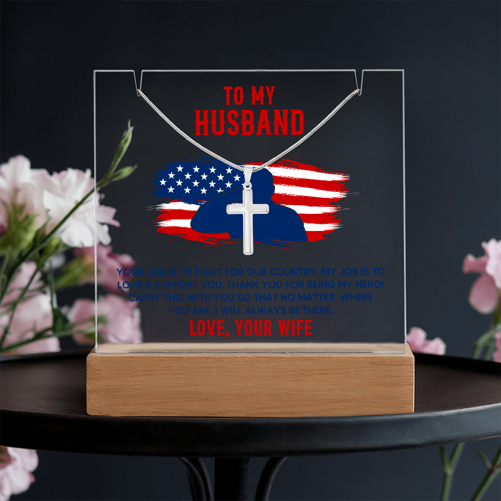 To My Husband Military Keepsake Acrylic Plaque & Cross Necklace Bundle