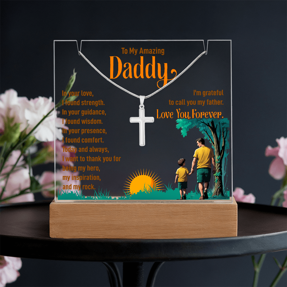 To My Amazing Daddy Keepsake Acrylic Plaque & Cross Necklace Bundle