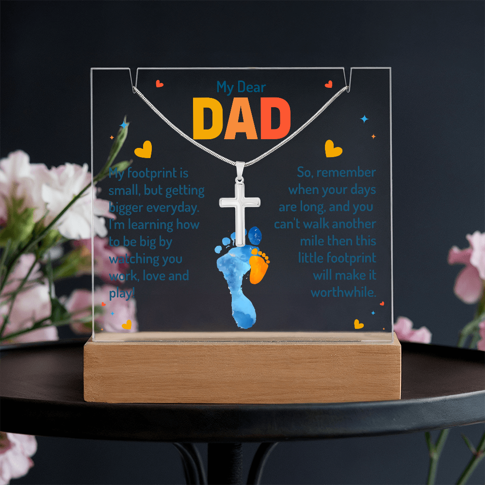 My Dear Dad Footprint Keepsake Acrylic Plaque & Cross Necklace Bundle
