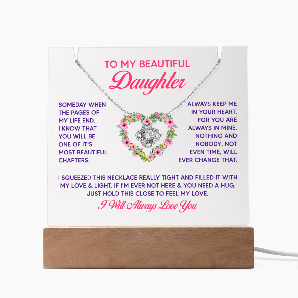 To My Beautiful Daughter Keepsake Acrylic Plaque & Love Knot Necklace Bundle