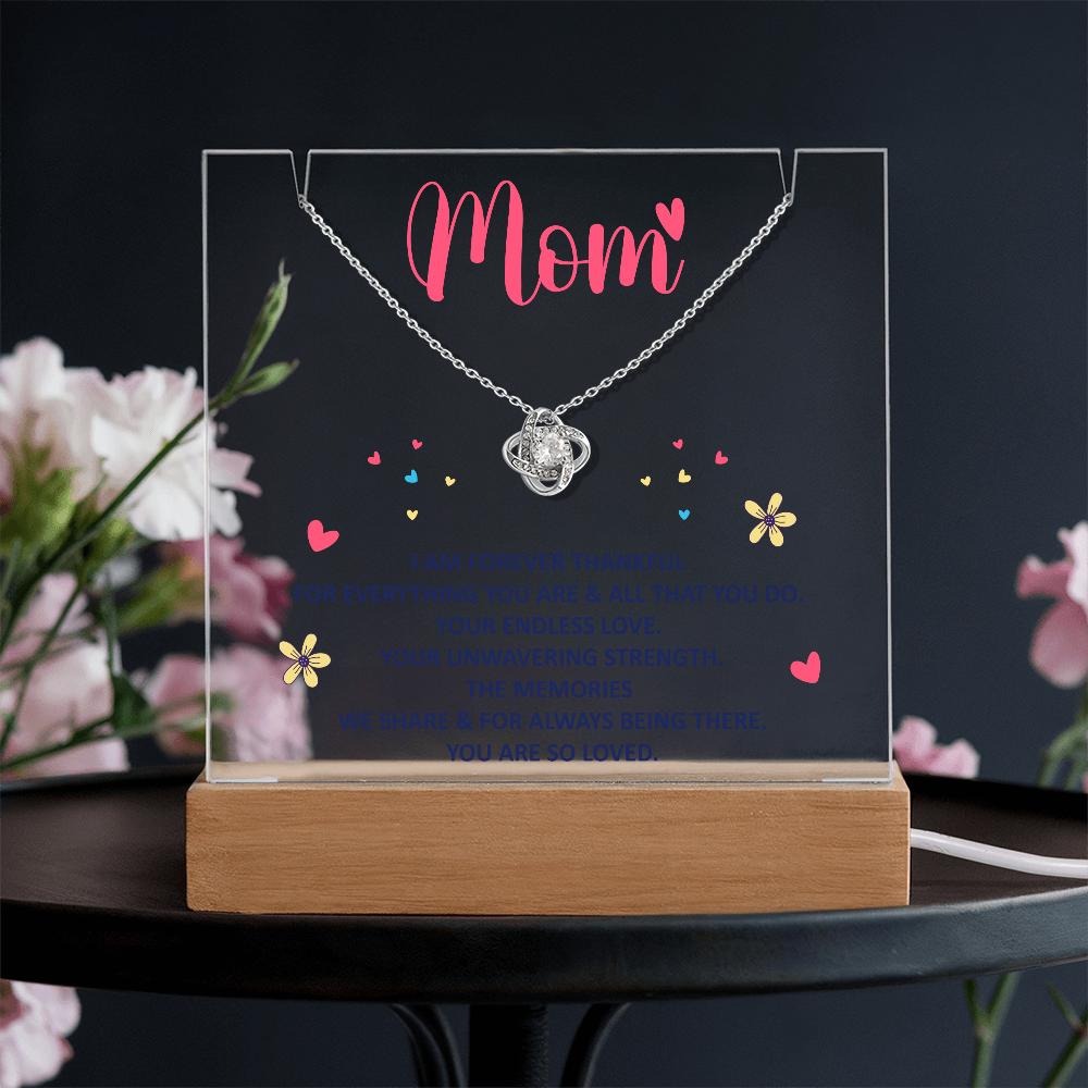Mom I Am Forever Thankful Keepsake Acrylic Plaque & Love Knot Necklace Bundle