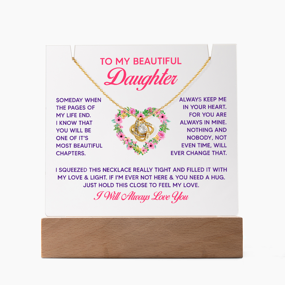 To My Beautiful Daughter Keepsake Acrylic Plaque & Love Knot Necklace Bundle