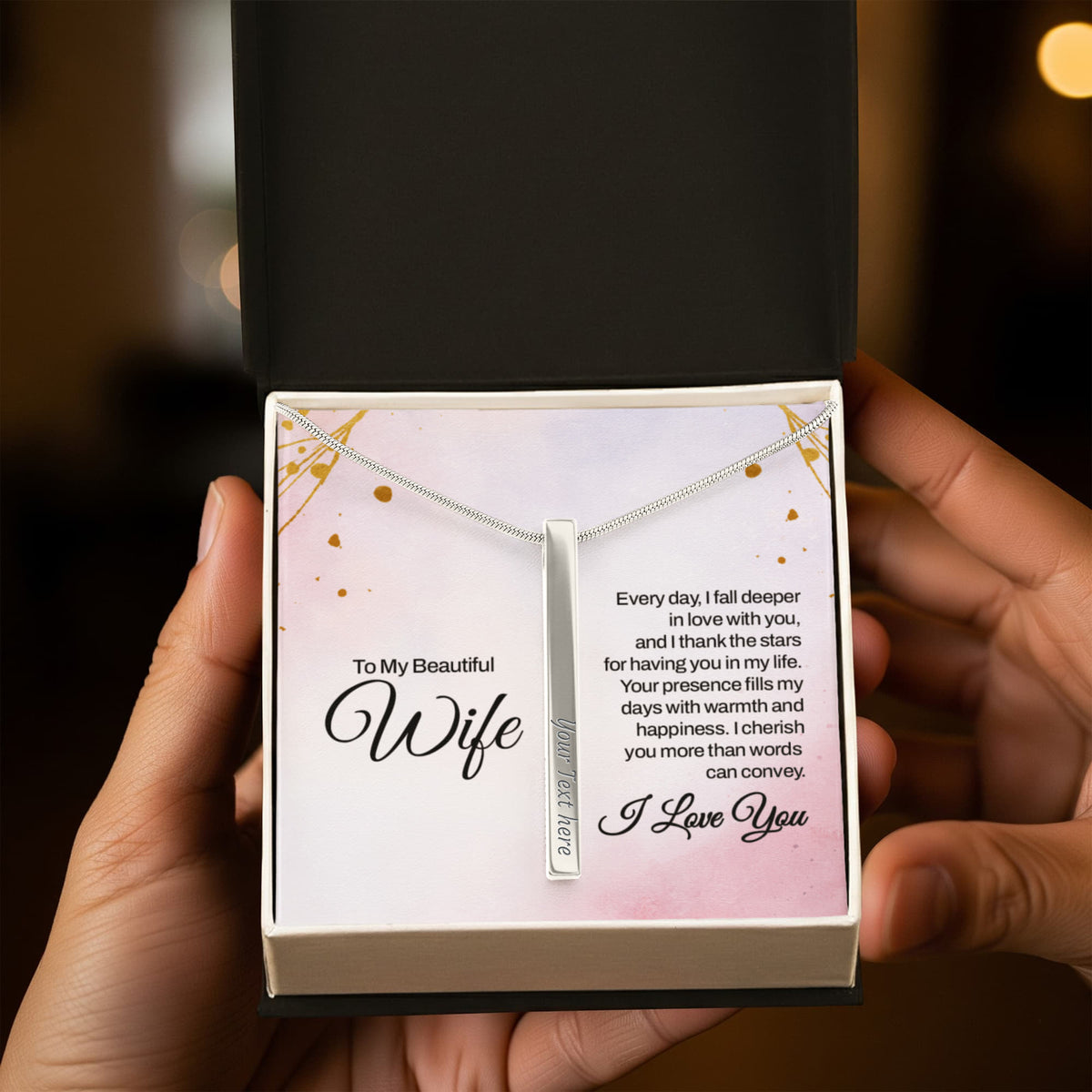 To My Wife 4-Sided Stick Necklace - Engraved Bar Pendant with Gift Box, Anniversary Gift for Wife