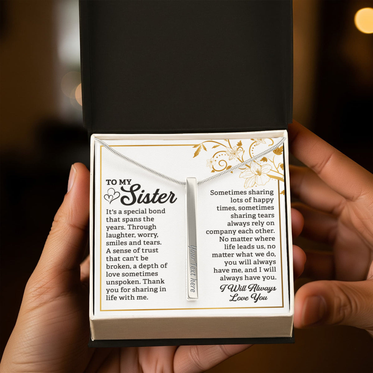 To My Sister 4-Sided Stick Necklace - Engraved Bar Pendant with Gift Box, Birthday Gift for Sister