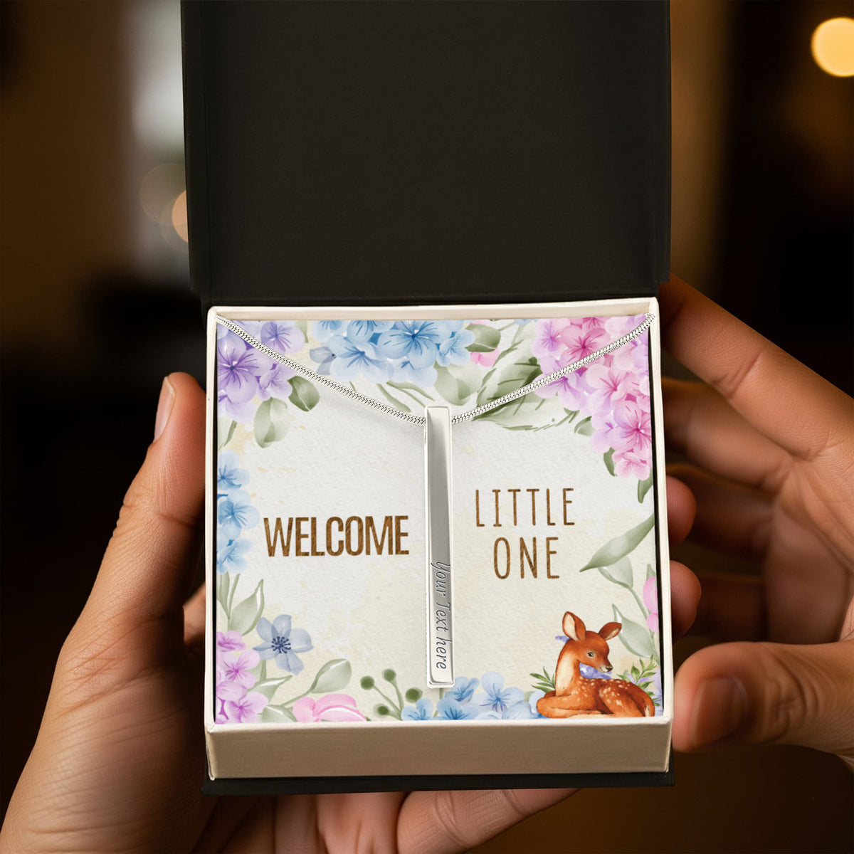 Welcome Little One 4-Sided Stick Necklace - Engraved Bar Pendant with Gift Box, New Baby Gift for Mom