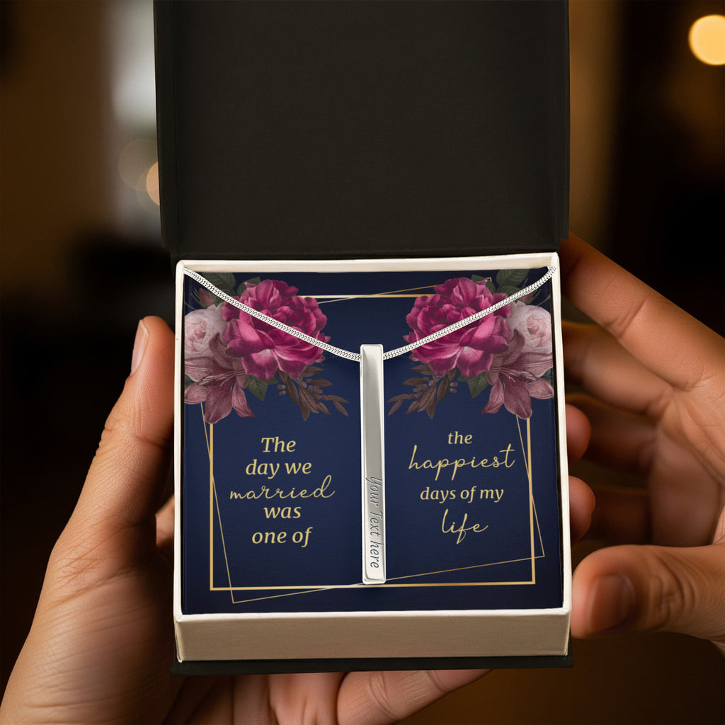 The Day We Married 4-Sided Stick Necklace - Engraved Bar Pendant with Gift Box, Wedding Anniversary Gift