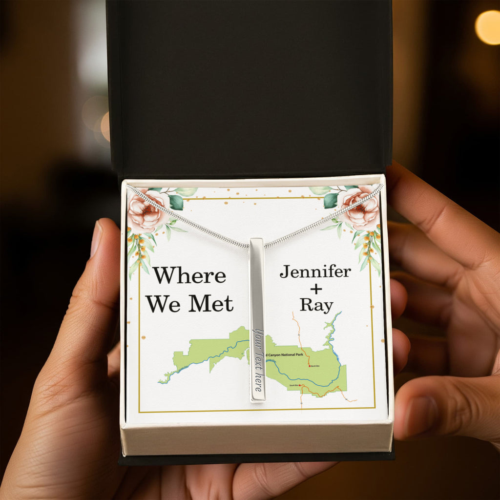 Where We Met 4-Sided Stick Necklace - Engraved Bar Pendant with Gift Box, Anniversary Gift for Couples