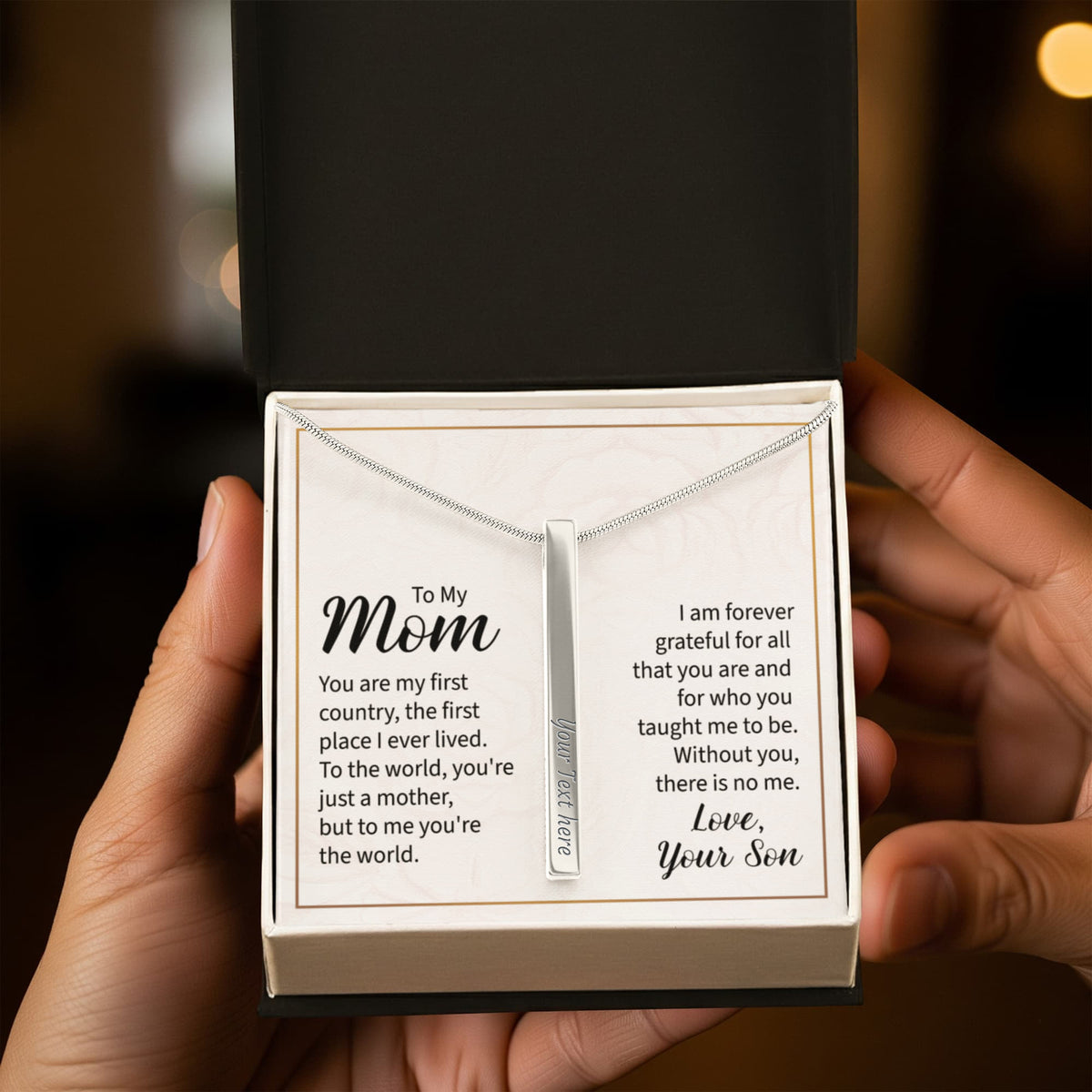 To My Mom 4-Sided Stick Necklace - Engraved Bar Pendant with Gift Box, Christmas Gift for Mom