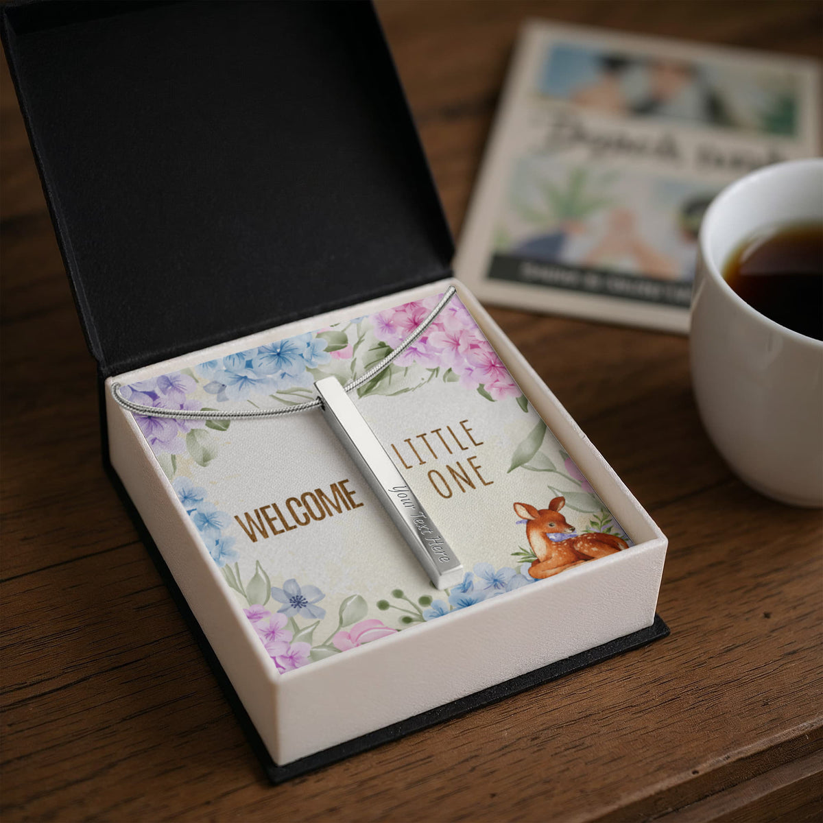 Welcome Little One 4-Sided Stick Necklace - Engraved Bar Pendant with Gift Box, New Baby Gift for Mom