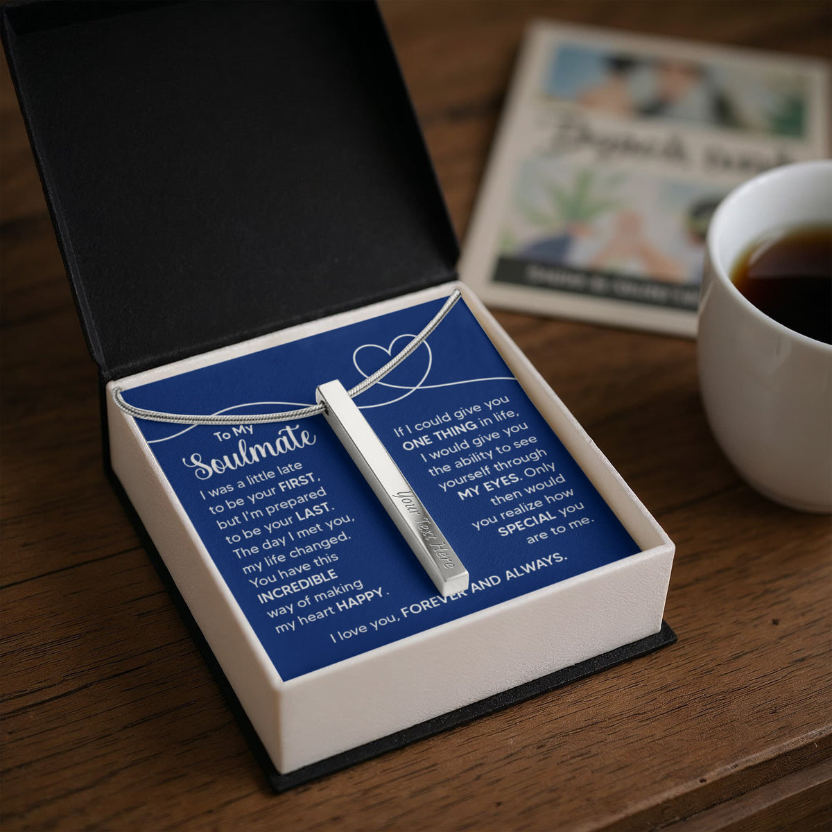 To My Soulmate 4-Sided Stick Necklace - Engraved Bar Pendant with Gift Box, Anniversary Gift for Soulmate
