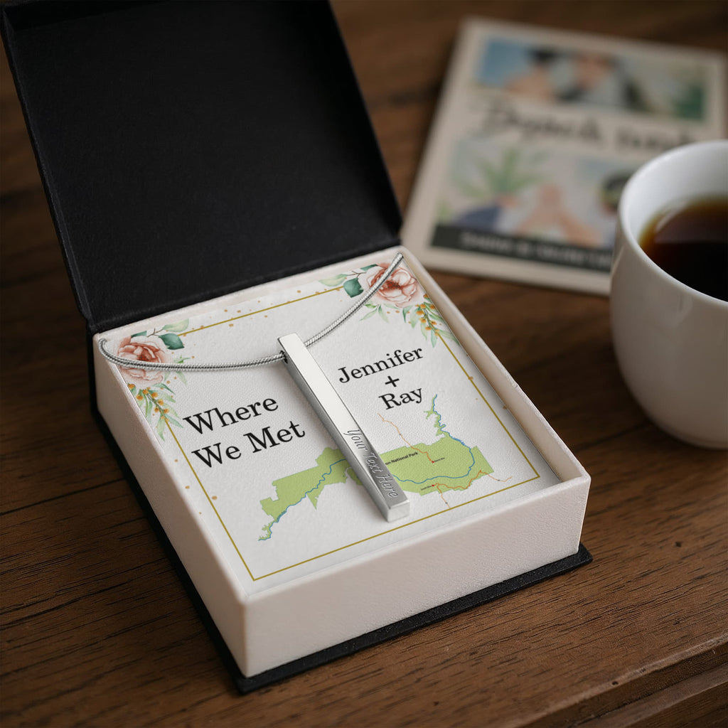 Where We Met 4-Sided Stick Necklace - Engraved Bar Pendant with Gift Box, Anniversary Gift for Couples