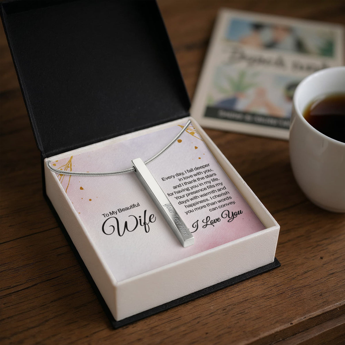 To My Wife 4-Sided Stick Necklace - Engraved Bar Pendant with Gift Box, Anniversary Gift for Wife