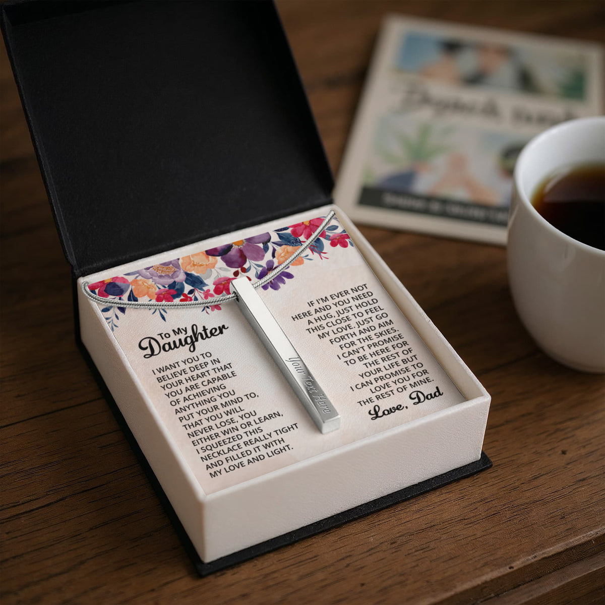 To My Daughter 4-Sided Stick Necklace - Engraved Bar Pendant with Gift Box, Birthday Gift for Daughter