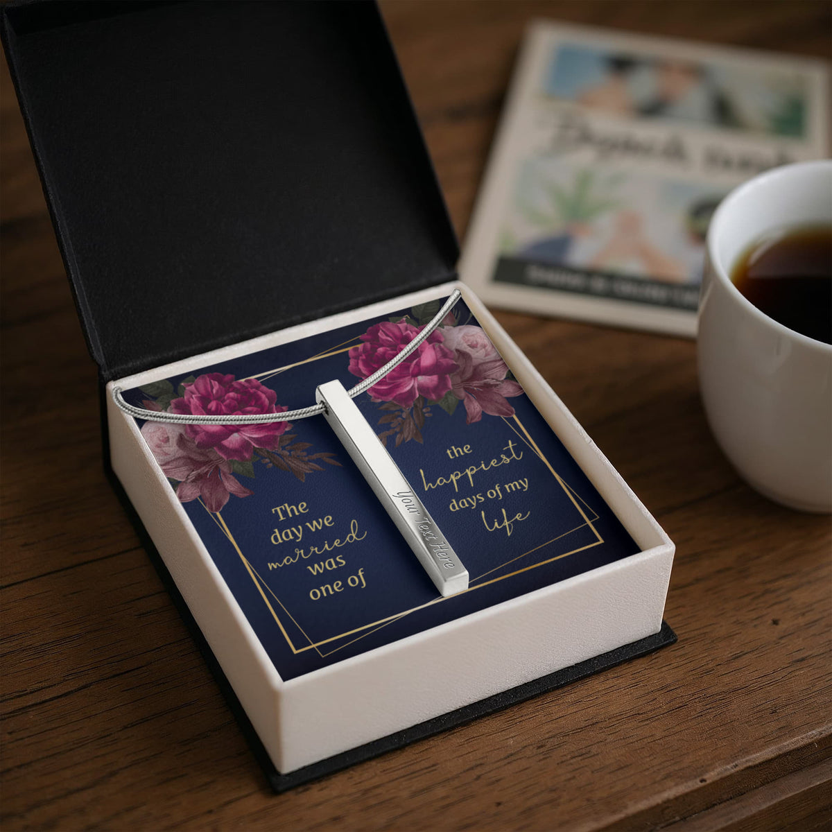 The Day We Married 4-Sided Stick Necklace - Engraved Bar Pendant with Gift Box, Wedding Anniversary Gift