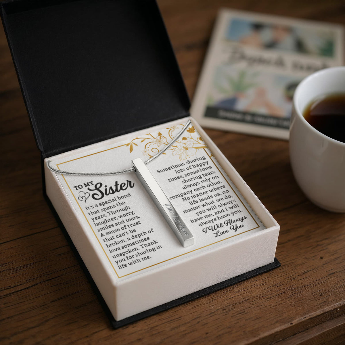 To My Sister 4-Sided Stick Necklace - Engraved Bar Pendant with Gift Box, Birthday Gift for Sister