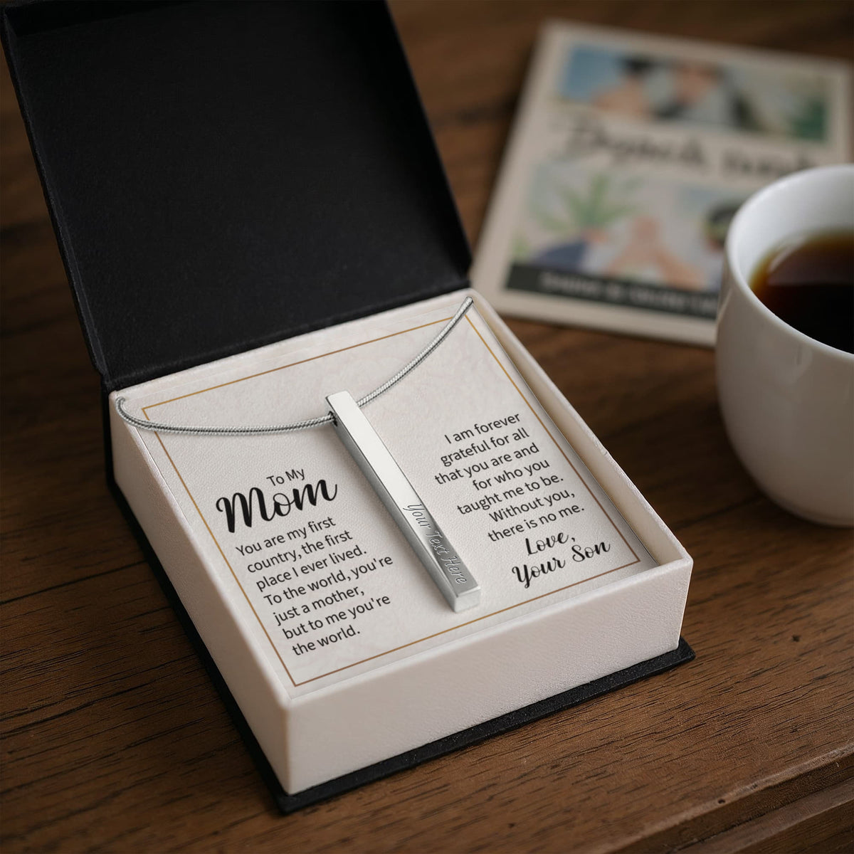 To My Mom 4-Sided Stick Necklace - Engraved Bar Pendant with Gift Box, Christmas Gift for Mom