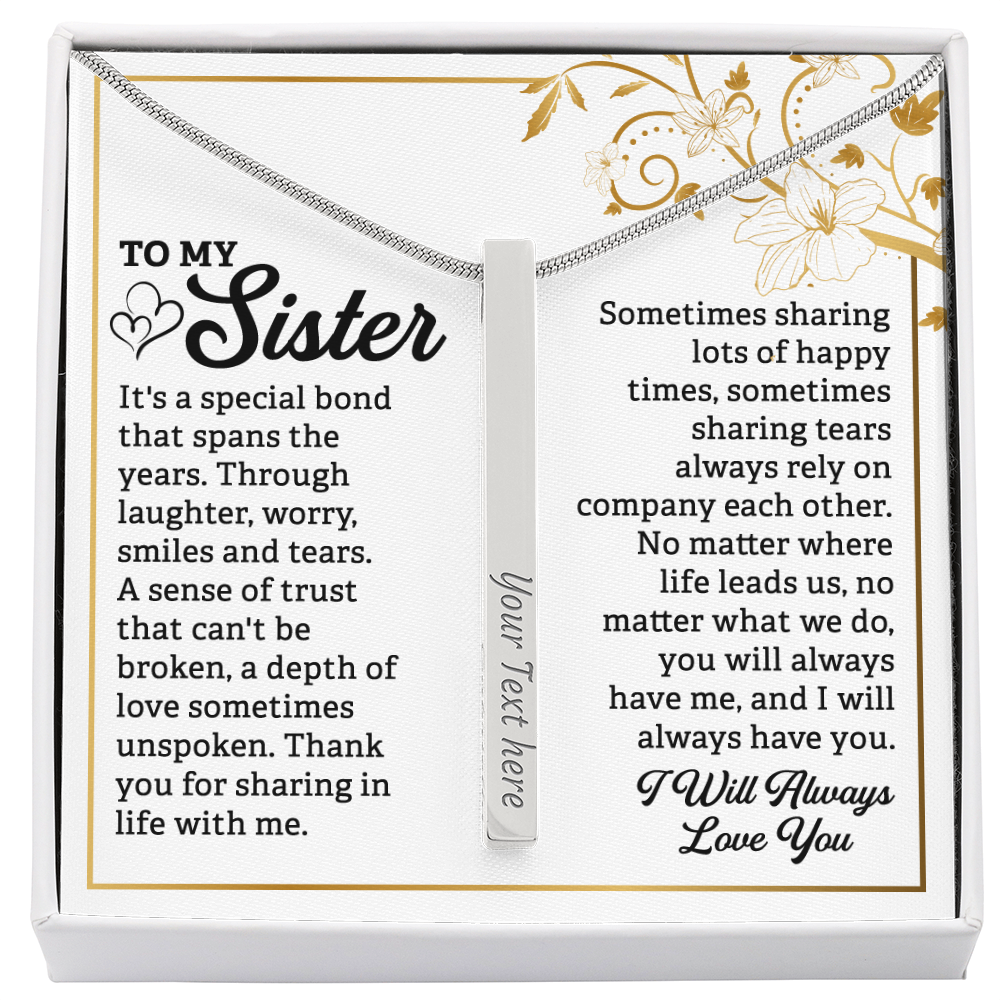 To My Sister 4-Sided Stick Necklace - Engraved Bar Pendant with Gift Box, Birthday Gift for Sister
