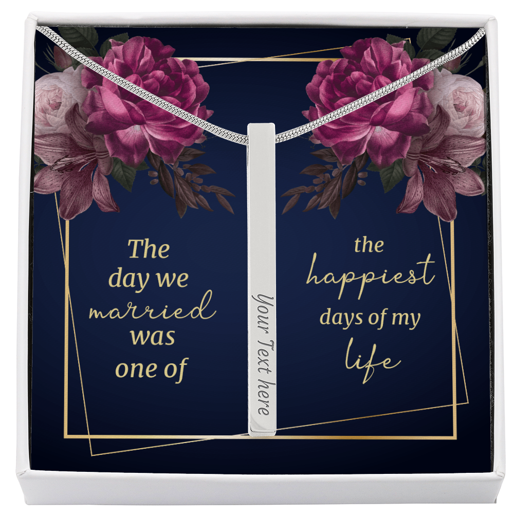 The Day We Married 4-Sided Stick Necklace - Engraved Bar Pendant with Gift Box, Wedding Anniversary Gift